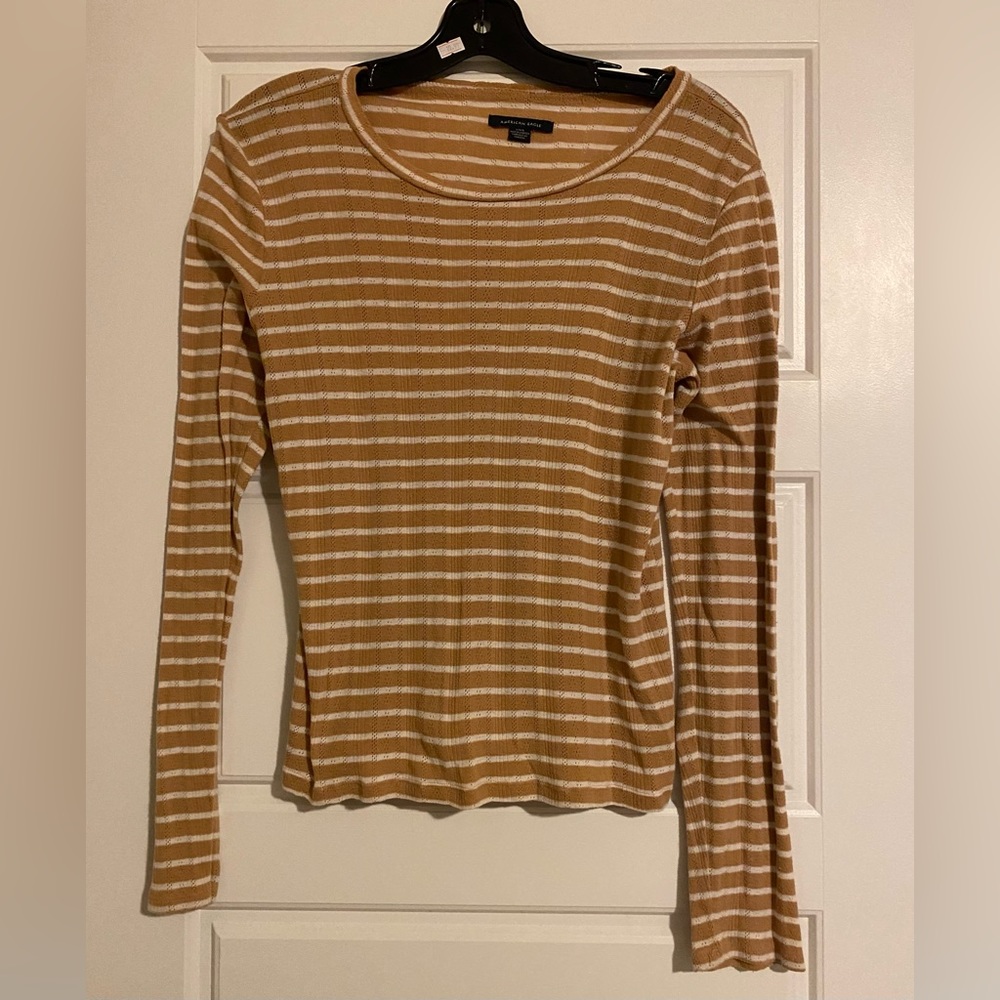 American Eagle mustard yellow and white striped long sleeve top